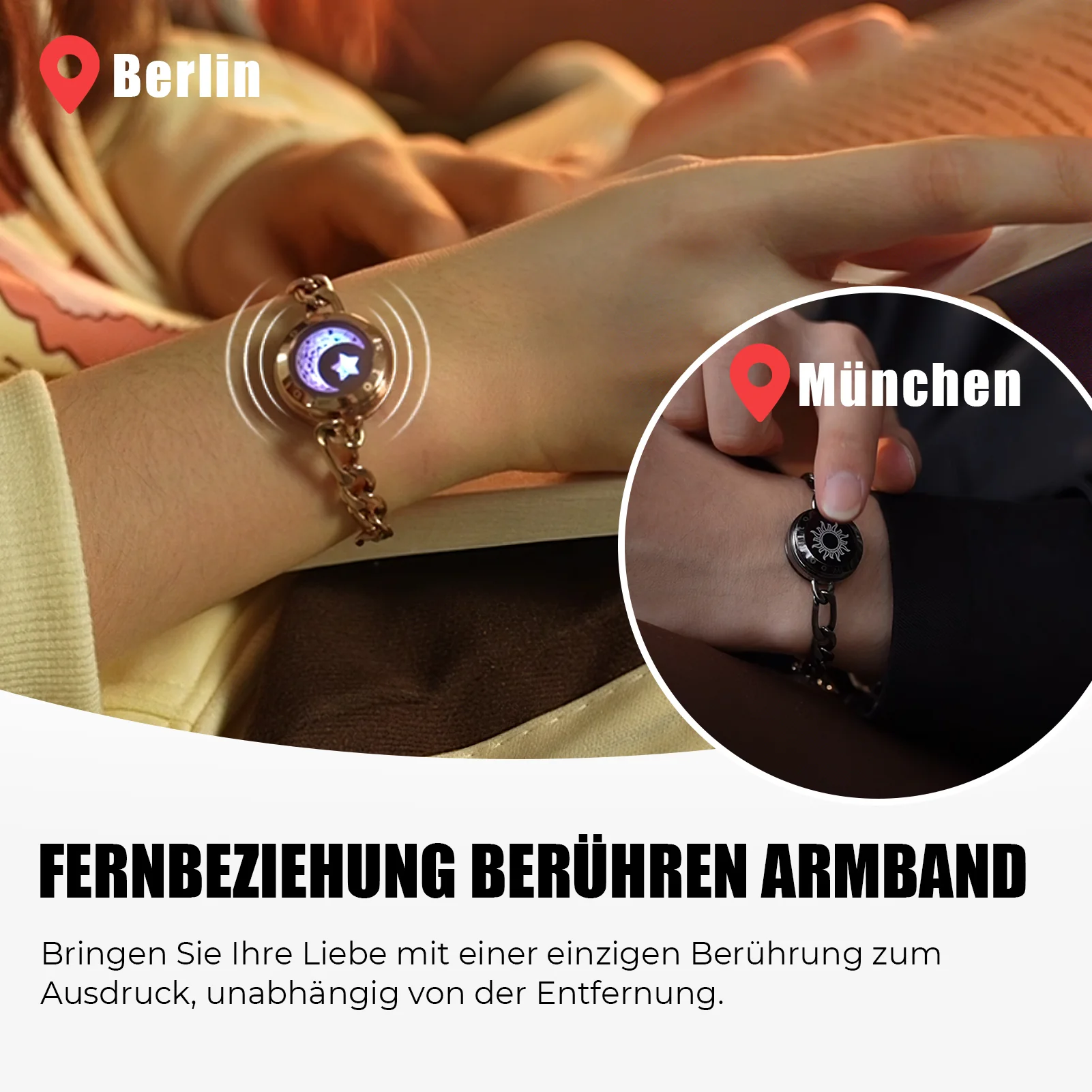 Sonne & Mond Serie - Touch Armbänder mit Figarokette (Schwarz+Roségold) - Image 4